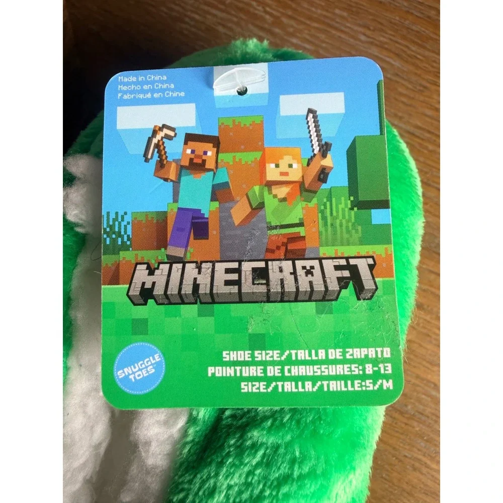 Minecraft Creeper Snuggle Toes Kids Green Plush Slippers S/M 8-13 NWT